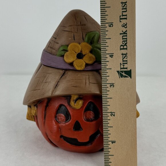 Vintage Ceramic Pumpkin Jar With Scarecrow Hat Lid Harvest Jack-O-Lantern 5.5" - Picture 9 of 11